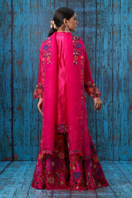 Shop_Label Niti Bothra_Pink Kora Silk Mughal Round Floral Applique Kurta Sharara Set _at_Aza_Fashions