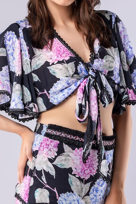 Tangerine Tiger Floral Print Wrap Around Crop Top 