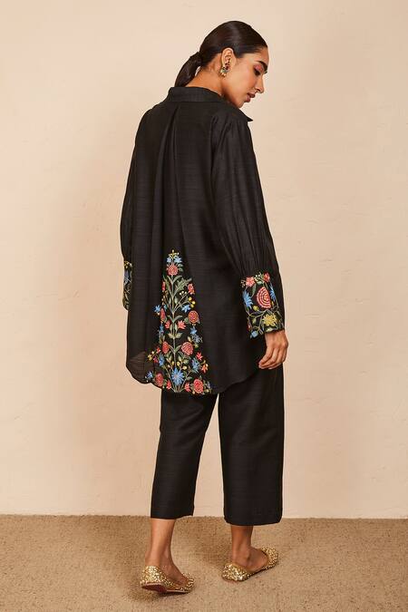 Shop Sue Mue Black Tussar, Georgette Embroidery Saanjh Cuff Sleeved Shirt And Pant Set at Aza Fashions Shop_Sue Mue_Black Tussar, Georgette Embroidery Saanjh Cuff Sleeved Shirt And Pant Set _at_Aza_Fashions