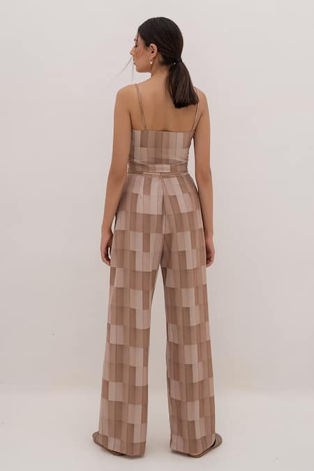 Shop Kritika Madan Label Brown Papaya Twill Printed Checkered Shirt Spread Collar Placket Pant Set at Aza Fashions Shop_Kritika Madan Label_Brown Papaya Twill Printed Checkered Shirt Spread Collar Placket Pant Set_at_Aza_Fashions
