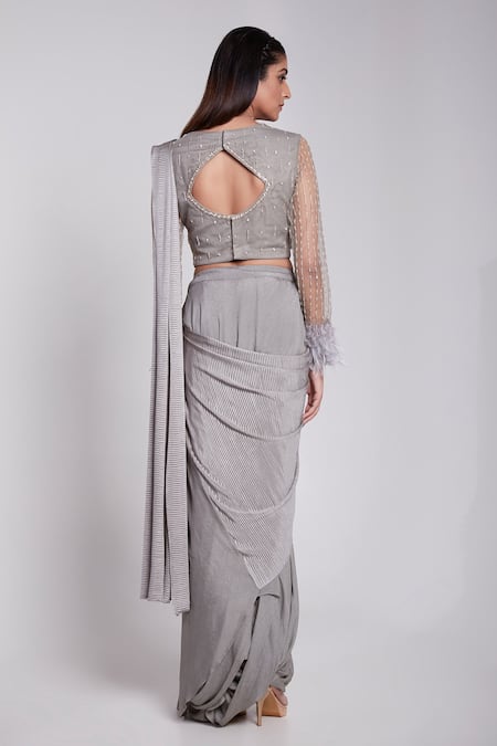 Suruchi Parakh Embroidered Grey Pre-Draped Saree Set 