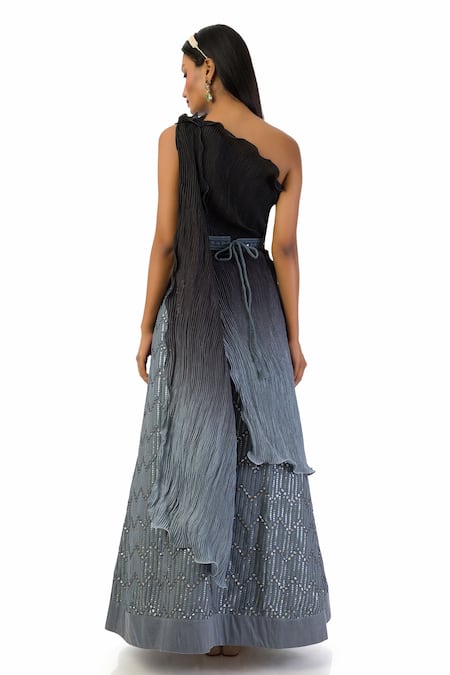 Shop Meghna Shah Grey Georgette, Chiffon Embroidery, Sequins One Shoulder Top And Skirt Set at Aza Fashions Shop_Meghna Shah_Grey Georgette, Chiffon Embroidery, Sequins One Shoulder Top And Skirt Set _at_Aza_Fashions
