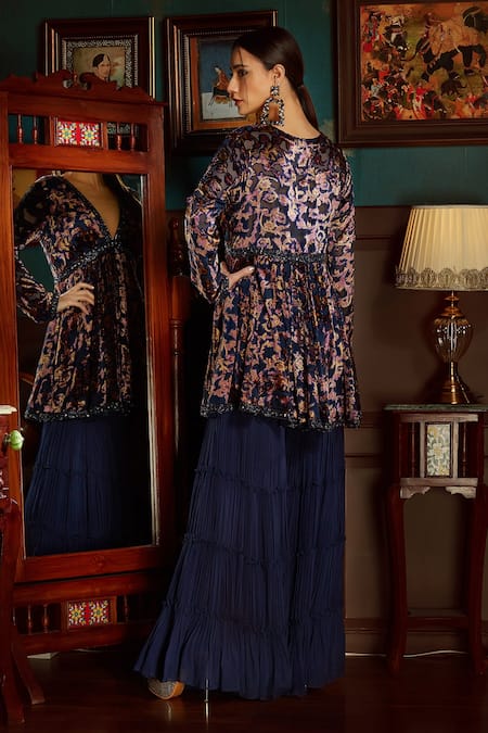 Priyanka Jain Blue Velvet Lining Shantoon Abstract Print, Sequin And Peplum Kurta Sharara Set Online at Aza Fashions Priyanka Jain_Blue Velvet Lining Shantoon Abstract Print, Sequin And Peplum Kurta Sharara Set _Online_at_Aza_Fashions