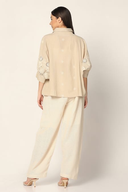 Shop_Two Sisters By Gyans_Beige Cotton Embroidery Collared Sleeve Shirt _at_Aza_Fashions