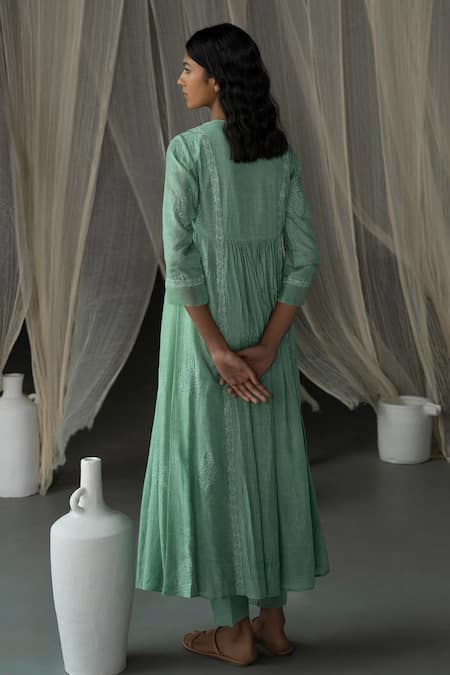 Shop_Zoon_Green Cotton Embroidery V-neck Flower Handblock Print Anarkali With Pant _at_Aza_Fashions