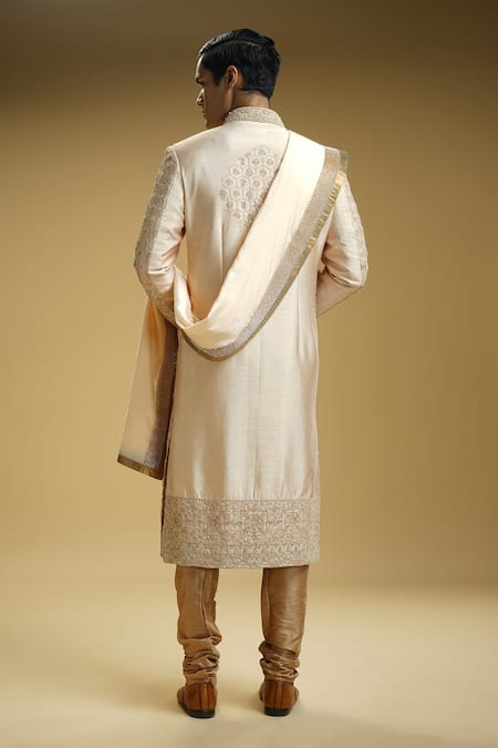 Shop Kommal Sood Beige Silk, Cotton Mirrors, Embroidery Sequin And Flower Sherwani Set at Aza Fashions Shop_Kommal Sood_Beige Silk, Cotton Mirrors, Embroidery Sequin And Flower Sherwani Set _at_Aza_Fashions