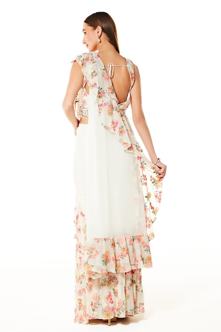 Shop Rabani & Rakha Ivory Georgette Sequins, Embroidery Sairaa Ruffle Pre-draped Saree With Blouse at Aza Fashions Shop_Rabani & Rakha_Ivory Georgette Sequins, Embroidery Sairaa Ruffle Pre-draped Saree With Blouse _at_Aza_Fashions