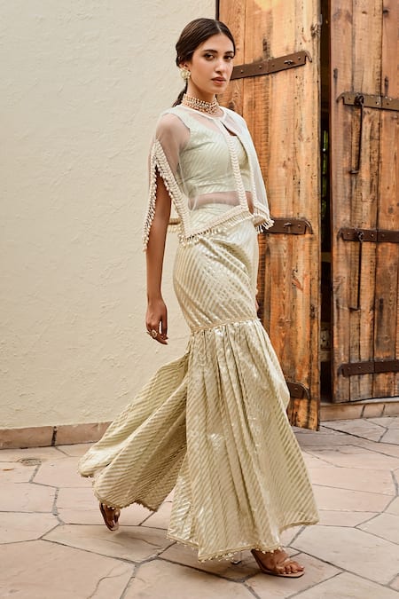 Shop Palak & Mehak Green Net Pearls Round Neck Freya Stripe Pattern Sharara Set With Cape at Aza Fashions Shop_Palak & Mehak_Green Net Pearls Round Neck Freya Stripe Pattern Sharara Set With Cape _at_Aza_Fashions