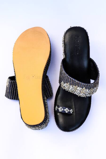 Shop LA Fiza Blue Embroidery Zaisha Strap Wedges at Aza Fashions Shop_LA Fiza_Blue Embroidery Zaisha Strap Wedges_at_Aza_Fashions