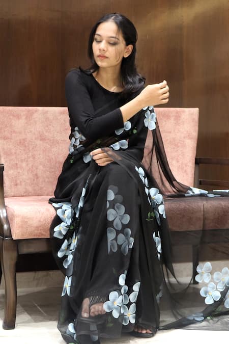 Shop_Meghstudio_Black Saree Viscose Chiffon Hand Painted Dogwood With Unstitched Blouse Piece _at_Aza_Fashions