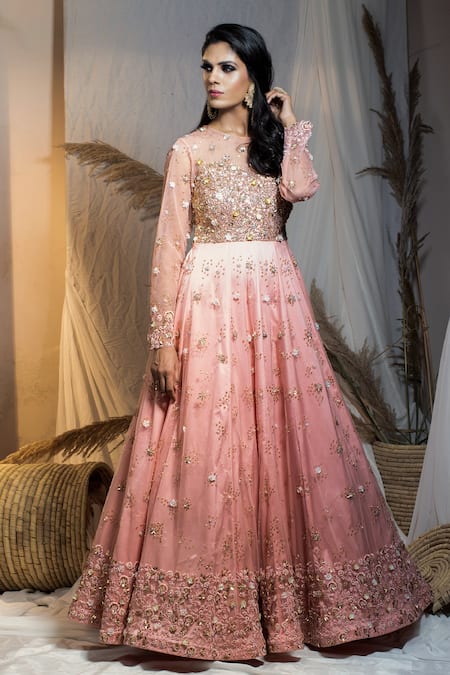 Shop Kanj By Priyanka A Sakhuja Peach Net Sequin, Bead And Crystal Work Illusion Nigar Embroidered Flared Gown at Aza Fashions Shop_Kanj By Priyanka A Sakhuja_Peach Net Sequin, Bead And Crystal Work Illusion Nigar Embroidered Flared Gown _at_Aza_Fashions