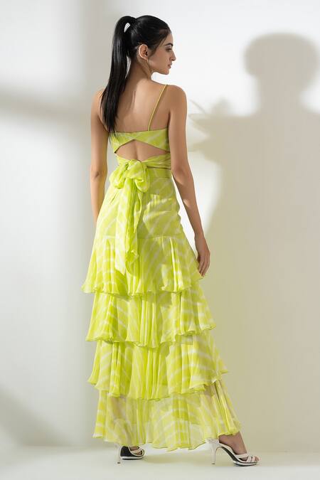 Shop_Amrta By Guneet Kondal_Yellow Viscose, Georgette Fabric Sorrento 3d Applique Top And Tiered Skirt Set_at_Aza_Fashions