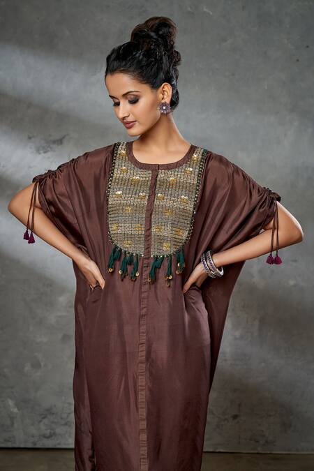 Shop_Aditi Somani_Wine Pure Silk Beads, Coins Round Hand Embroidered Kaftan Tunic _at_Aza_Fashions