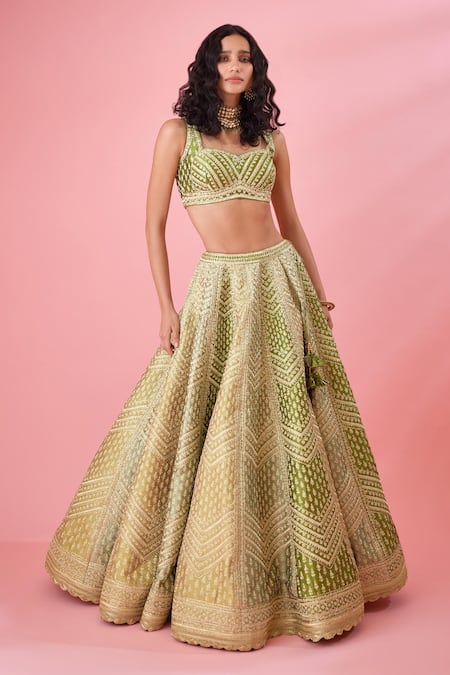 Shop Shyam Narayan Prasad Green Silk, Brocade, Net Embroidery, Gota Chevron Panelled Bridal Lehenga Set at Aza Fashions Shop_Shyam Narayan Prasad_Green Silk, Brocade, Net Embroidery, Gota Chevron Panelled Bridal Lehenga Set _at_Aza_Fashions