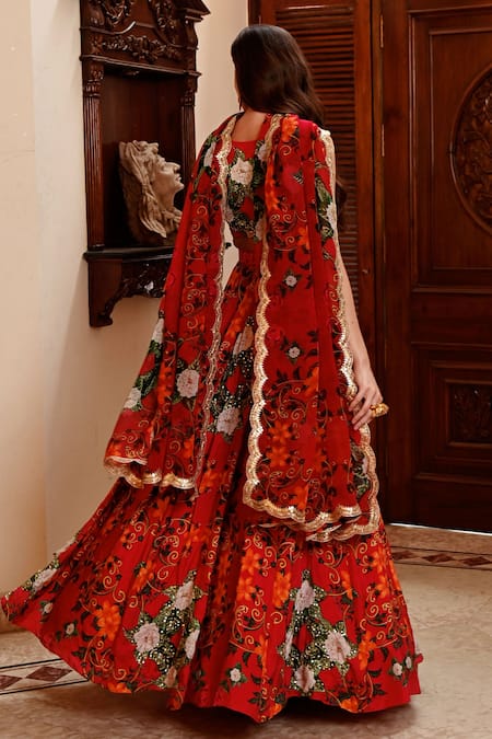 Sanam Red Floral Print Silk Lehenga Set 