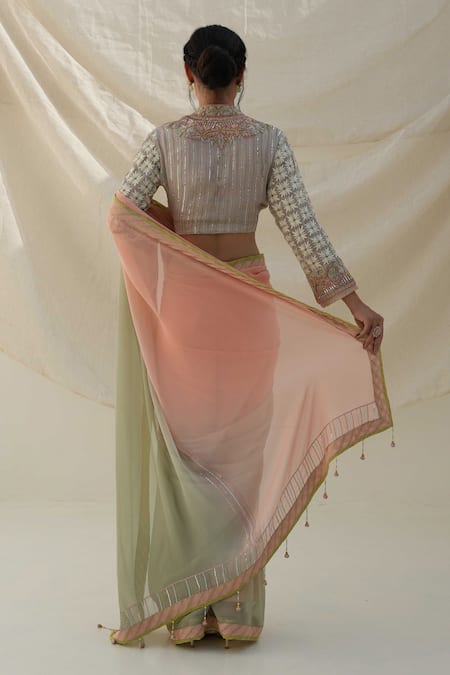 Shop Kanika Sharma Grey Georgette, Modal Sequins, Zari Double Shaded Saree With Embroidered Blouse at Aza Fashions Shop_Kanika Sharma_Grey Georgette, Modal Sequins, Zari Double Shaded Saree With Embroidered Blouse _at_Aza_Fashions