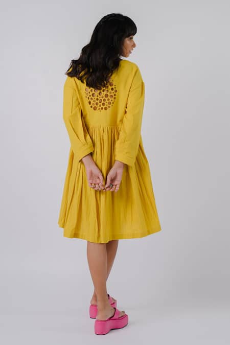 Shop Tussah By Siddhi Shah Yellow Cotton Cut Work Round Neck Detail Dress at Aza Fashions Shop_Tussah By Siddhi Shah_Yellow Cotton Cut Work Round Neck Detail Dress _at_Aza_Fashions