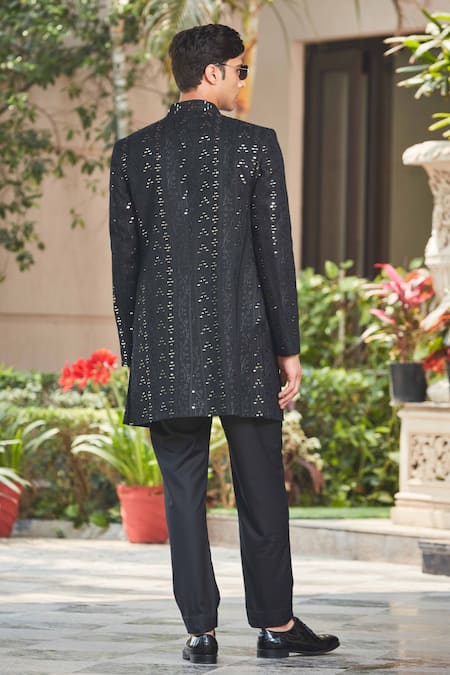 Shop Bohame Black Georgette, Terrycloth Niruha Floral Chikankari Achkan Jacket Set at Aza Fashions Shop_Bohame_Black Georgette, Terrycloth Niruha Floral Chikankari Achkan Jacket Set_at_Aza_Fashions
