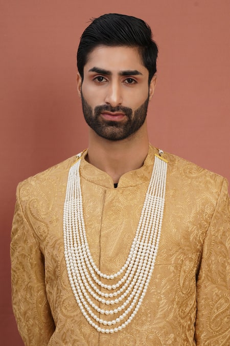 Shop Ruby Raang White Bead Embellished Long Necklace at Aza Fashions Shop_Ruby Raang_White Bead Embellished Long Necklace _at_Aza_Fashions