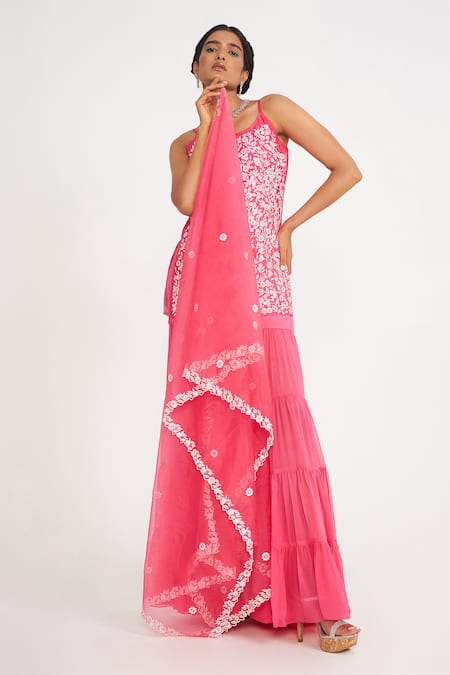 Shop Asaga Pink Organza, Chanderi, Georgette Embroidery Clover Floral Kurta Sharara Set at Aza Fashions Shop_Asaga_Pink Organza, Chanderi, Georgette Embroidery Clover Floral Kurta Sharara Set _at_Aza_Fashions
