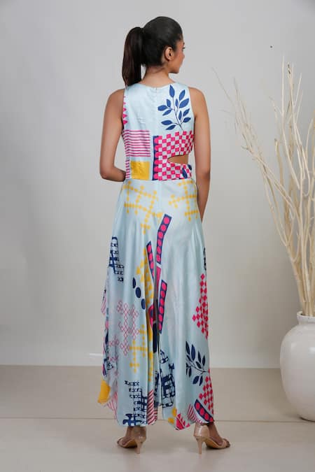 Shop_Garo_Blue Modal, Satin Tassels Round Neck Abstract Pattern Cowl Jumpsuit _at_Aza_Fashions