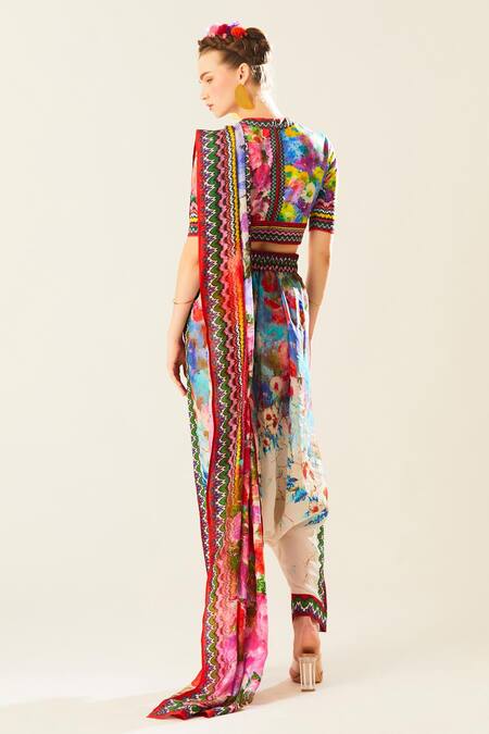 Shop Rajdeep Ranawat Multi Color Silk, Lycra Embroidery Tamara Floral Pattern Pant Saree With Blouse at Aza Fashions Shop_Rajdeep Ranawat_Multi Color Silk, Lycra Embroidery Tamara Floral Pattern Pant Saree With Blouse_at_Aza_Fashions