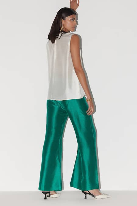 Shop_Febo6_Green Silk Plain Saturday Bell Bottom Trouser  _at_Aza_Fashions