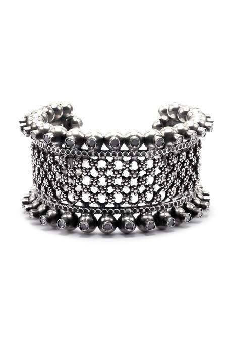 Shop_Sangeeta Boochra_Silver Plated Stones Lubena Checkered Pattern Cuff Bracelet _at_Aza_Fashions
