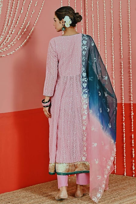 Shop Myaara Pink Georgette, Cotton, Organza Sequins, Embroidery Split V-neck Anarkali Set at Aza Fashions Shop_Myaara_Pink Georgette, Cotton, Organza Sequins, Embroidery Split V-neck Anarkali Set _at_Aza_Fashions