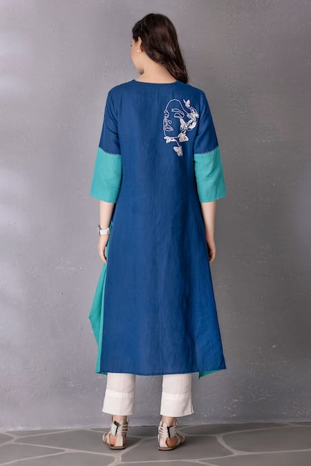Shop Tanu Malhotra Blue Cotton, Linen Embroidery Round Neck Placed Face Pattern Tunic And Pant Set at Aza Fashions Shop_Tanu Malhotra_Blue Cotton, Linen Embroidery Round Neck Placed Face Pattern Tunic And Pant Set _at_Aza_Fashions