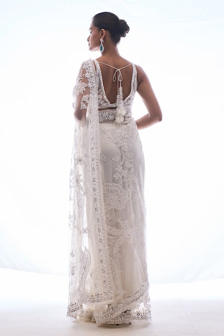 Shop Seema Gujral Ivory Net Mirror, Sequin And Beads Floral Applique Work Saree With Blouse at Aza Fashions Shop_Seema Gujral_Ivory Net Mirror, Sequin And Beads Floral Applique Work Saree With Blouse _at_Aza_Fashions