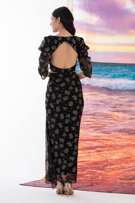 Shop_Amrta By Guneet Kondal_Black Viscose Embroidery Round Neck Floral Pattern Top And Thigh Slit Skirt Set_at_Aza_Fashions