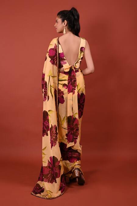 Shop_Rimi Nayak_Beige Printed Flower Pattern Chrysanthemum Saree _at_Aza_Fashions