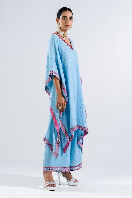 Shop Vvani By Vani Vats Blue Georgette Mirrors, Embroidery V-neck Kaftan And Palazzo Set at Aza Fashions Shop_Vvani By Vani Vats_Blue Georgette Mirrors, Embroidery V-neck Kaftan And Palazzo Set _at_Aza_Fashions