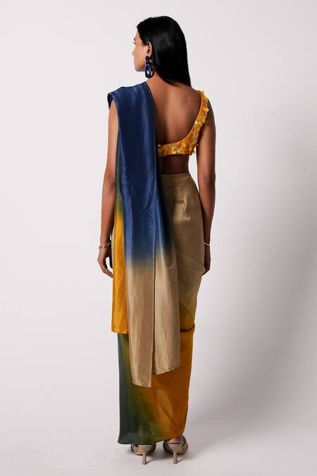 Shop_431-88 By Shweta Kapur_Yellow Silk Sequins Square Neck Masai Pre-draped Saree With Embroidered Blouse_at_Aza_Fashions