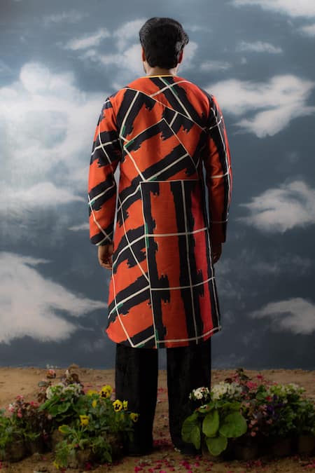 Shop_Saksham & Neharicka_Red Silk Embroidery Checkered Print Round Neck Kurta _at_Aza_Fashions