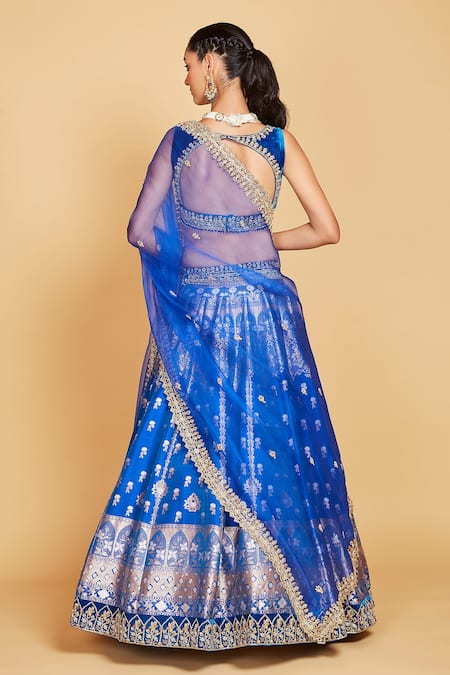 Shop_Amrin Khan_Blue Blouse Velvet, Lehenga Organza And Banarasi Floral Pattern Bridal Set _at_Aza_Fashions