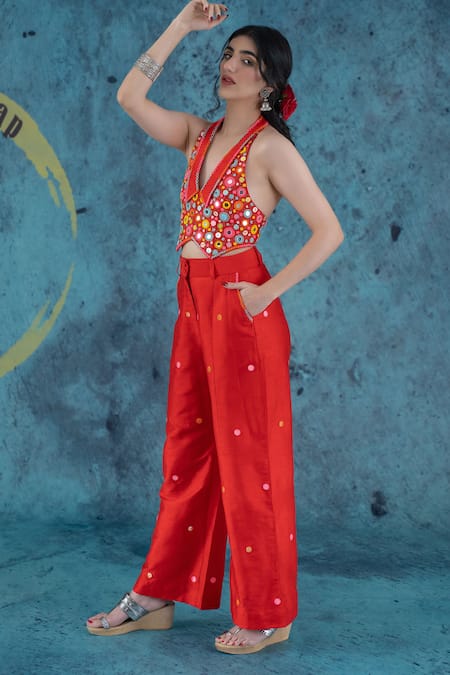 Shop Kacha Tanka Red Dupion Art Silk Embroidery Floral Lapel Mirror And Thread Crop Top Cape Set at Aza Fashions Shop_Kacha Tanka_Red Dupion Art Silk Embroidery Floral Lapel Mirror And Thread Crop Top Cape Set _at_Aza_Fashions