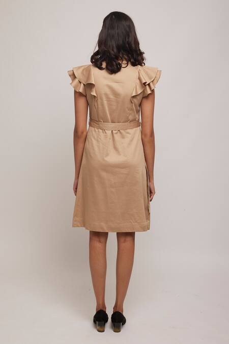 Shop Escape By Aishwarya Beige Cotton Satin Embroidery Mandarin Collar Circular Flared Sleeve Shirt Dress at Aza Fashions Shop_Escape By Aishwarya_Beige Cotton Satin Embroidery Mandarin Collar Circular Flared Sleeve Shirt Dress _at_Aza_Fashions