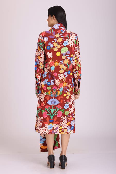 Alpona Designs By Soham Acharya Floral Print Shawl Collar Dress 