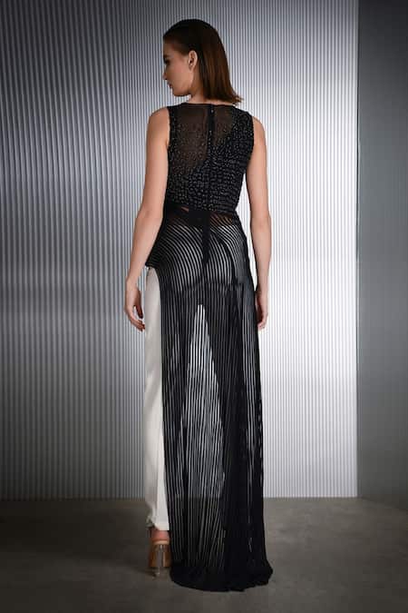 Shop Rohit Gandhi + Rahul Khanna Black Tulle Embellishment Beads Round Asymmetric Top at Aza Fashions Shop_Rohit Gandhi + Rahul Khanna_Black Tulle Embellishment Beads Round Asymmetric Top _at_Aza_Fashions