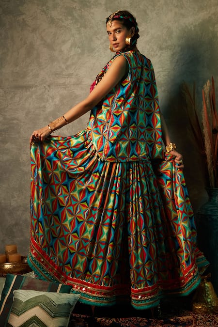 Shop Esha L Amin Multi Color Modal, Satin Pearls, Embroidery Big Square Print Lehenga Skirt at Aza Fashions Shop_Esha L Amin_Multi Color Modal, Satin Pearls, Embroidery Big Square Print Lehenga Skirt _at_Aza_Fashions