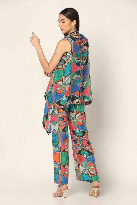 Shop Two Sisters By Gyans Blue Crepe Open , Square Flower Print Jacket And Pant Set at Aza Fashions Shop_Two Sisters By Gyans_Blue Crepe Open , Square Flower Print Jacket And Pant Set _at_Aza_Fashions