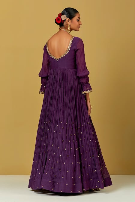 Shop Ikshita Choudhary Purple Chanderi Embroidery V-neck Anarkali With Dupatta at Aza Fashions Shop_Ikshita Choudhary_Purple Chanderi Embroidery V-neck Anarkali With Dupatta _at_Aza_Fashions