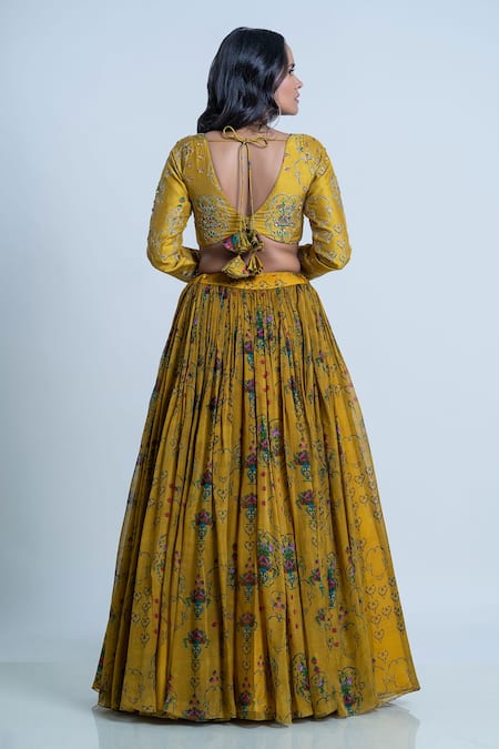 Shop_Nautanky_Yellow Blouse- Viscose Silk Printed Floral V Neck Lehenga Set _at_Aza_Fashions