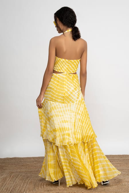Shop Amrta By Guneet Kondal Yellow Georgette, Viscose Halter Neck Tie Dye Maxi Dress at Aza Fashions Shop_Amrta By Guneet Kondal_Yellow Georgette, Viscose Halter Neck Tie Dye Maxi Dress _at_Aza_Fashions