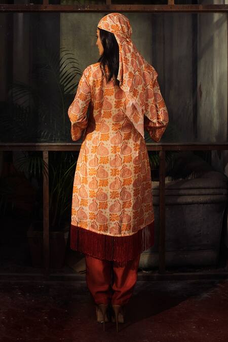 Shop Suave Orange Denim Fringe, Beads Round Neck Wilderness Kurta And Pant Set at Aza Fashions Shop_Suave_Orange Denim Fringe, Beads Round Neck Wilderness Kurta And Pant Set_at_Aza_Fashions