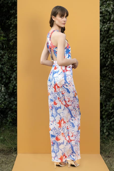 Mandira Wirk Resort Blue Spandex And Chiffon Mist Print Halter Neck Bodysuit With Sarong Online at Aza Fashions Mandira Wirk Resort_Blue Spandex And Chiffon Mist Print Halter Neck Bodysuit With Sarong _Online_at_Aza_Fashions