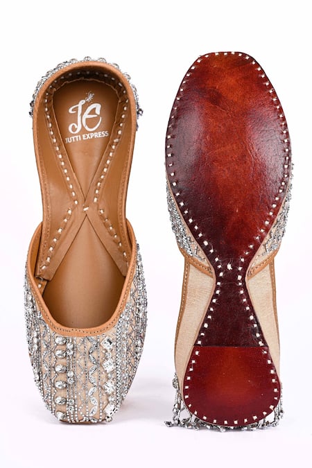 Shop_Jutti Express_Gold Embroidered Crystaline Tassels Juttis _at_Aza_Fashions
