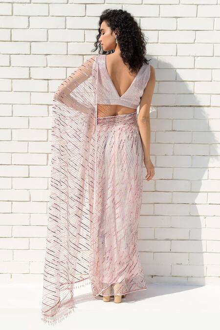 Shop Talking Threads Pink Tulle, Satin Sequins, Crystals, Zari Shower Embellished Saree With Blouse at Aza Fashions Shop_Talking Threads_Pink Tulle, Satin Sequins, Crystals, Zari Shower Embellished Saree With Blouse _at_Aza_Fashions